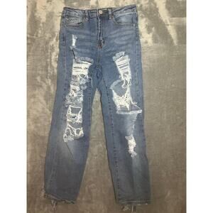 Almost Famous Size 9  junior Distressed Ripped Blue Jeans Tapered Raw